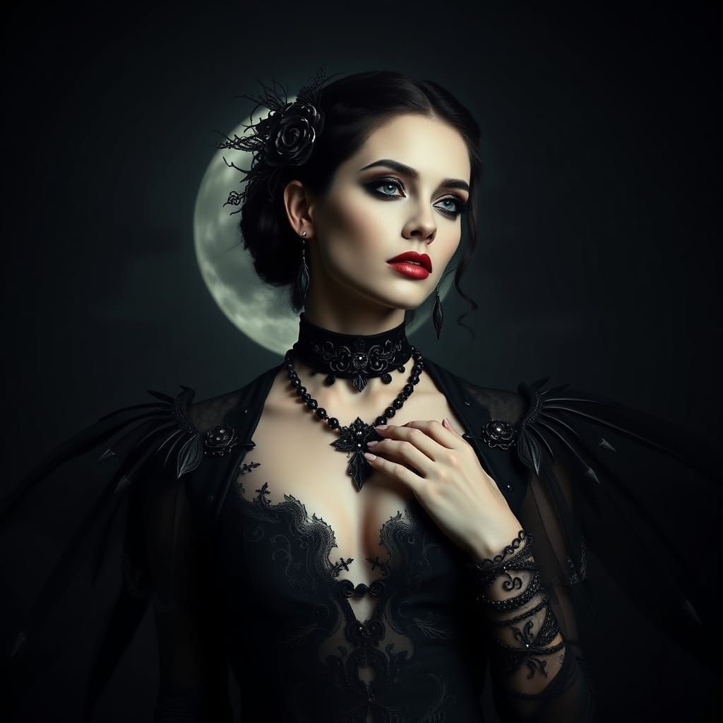 Ethereal Dark Goddess in Moonlit Elegance