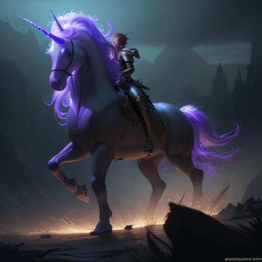 Unicorn Warrior with Flaming Sword in Dark Fantasy Style