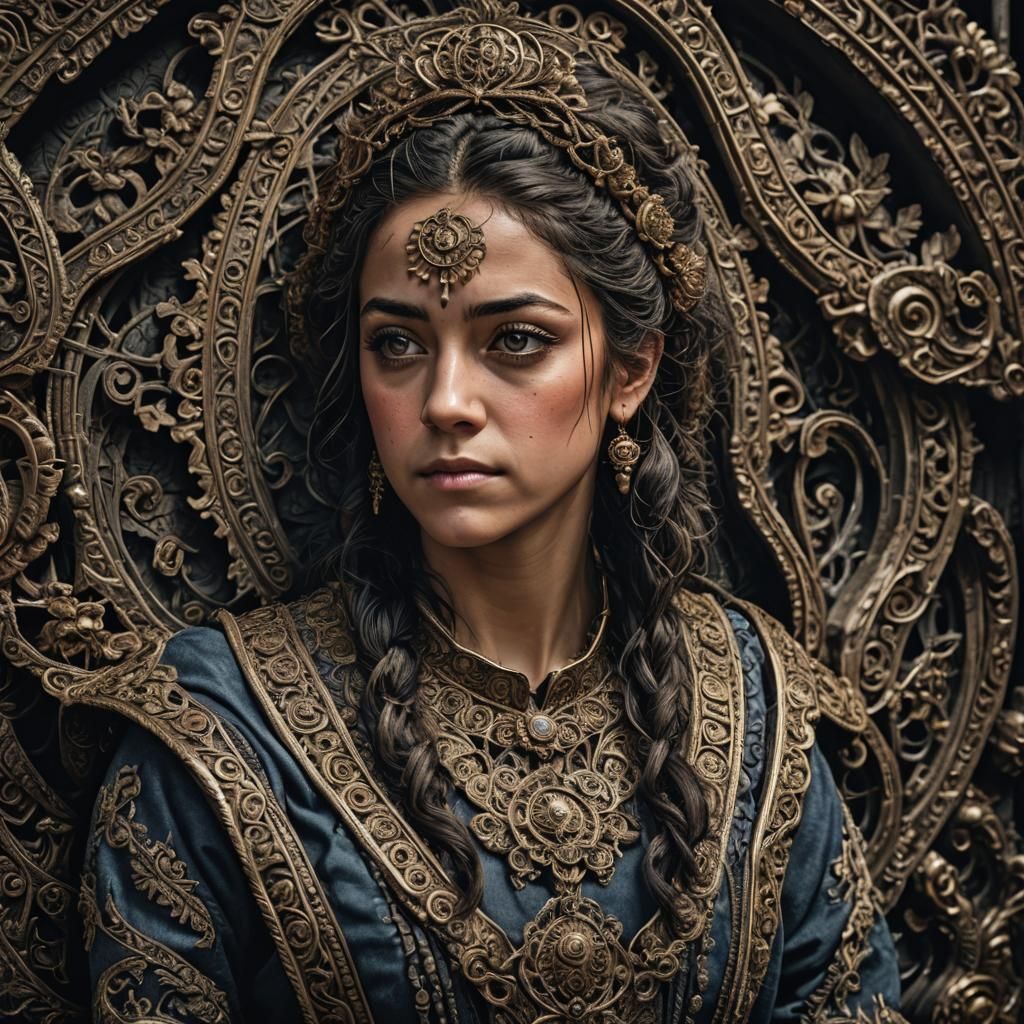 Woman with Gold Crown in Hyperrealistic Style