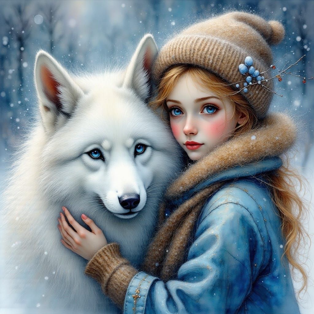 White Wolf and Blonde Woman in Winter Scene
