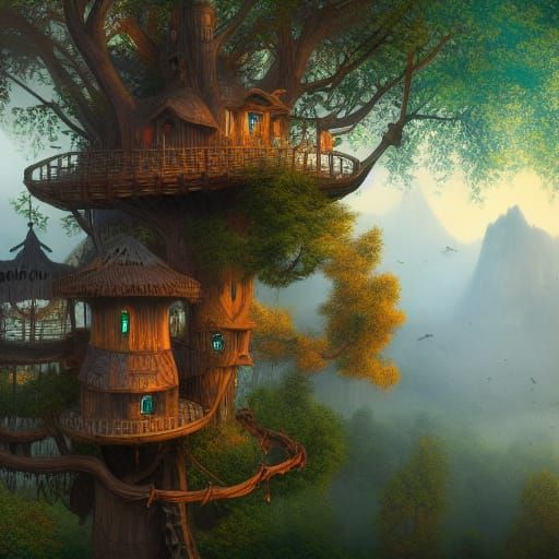 Fantastical Mega Treehouse Concept Art in Deep Color