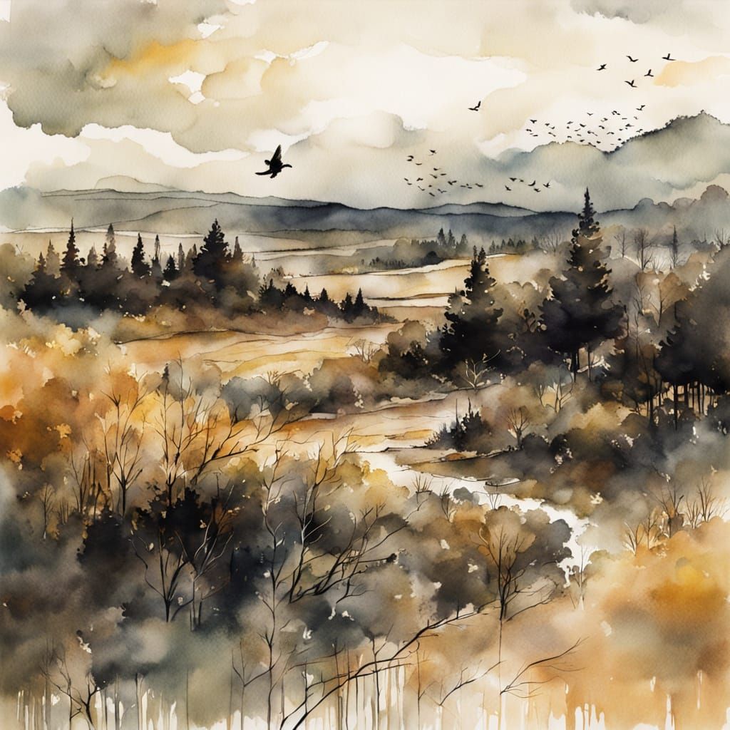 Serene Landscape in Expressive Ink Style