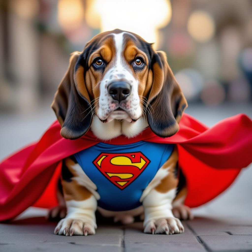 Basset Hound Superhero in Flowing Cape