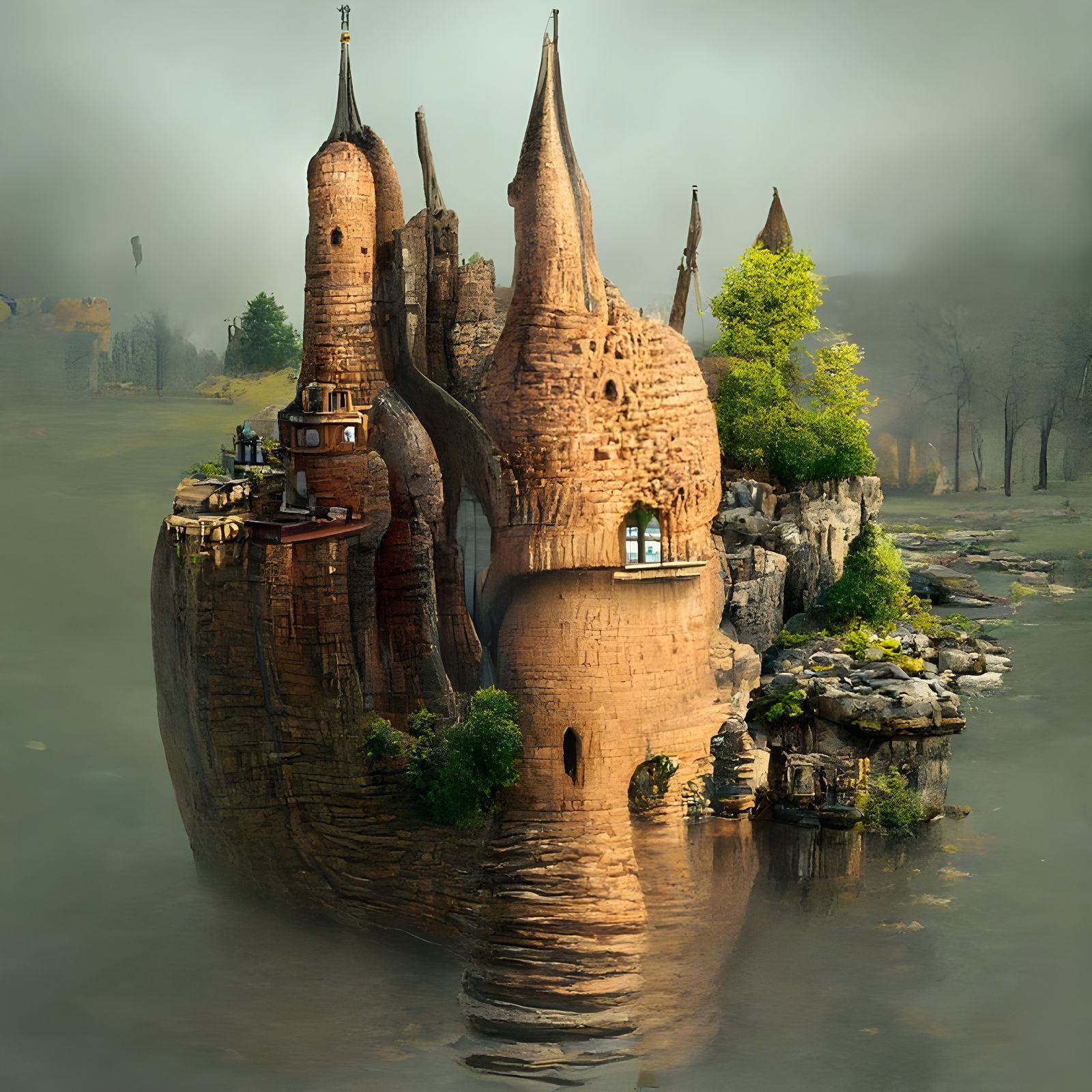 Surreal Castle with Spires on the Water