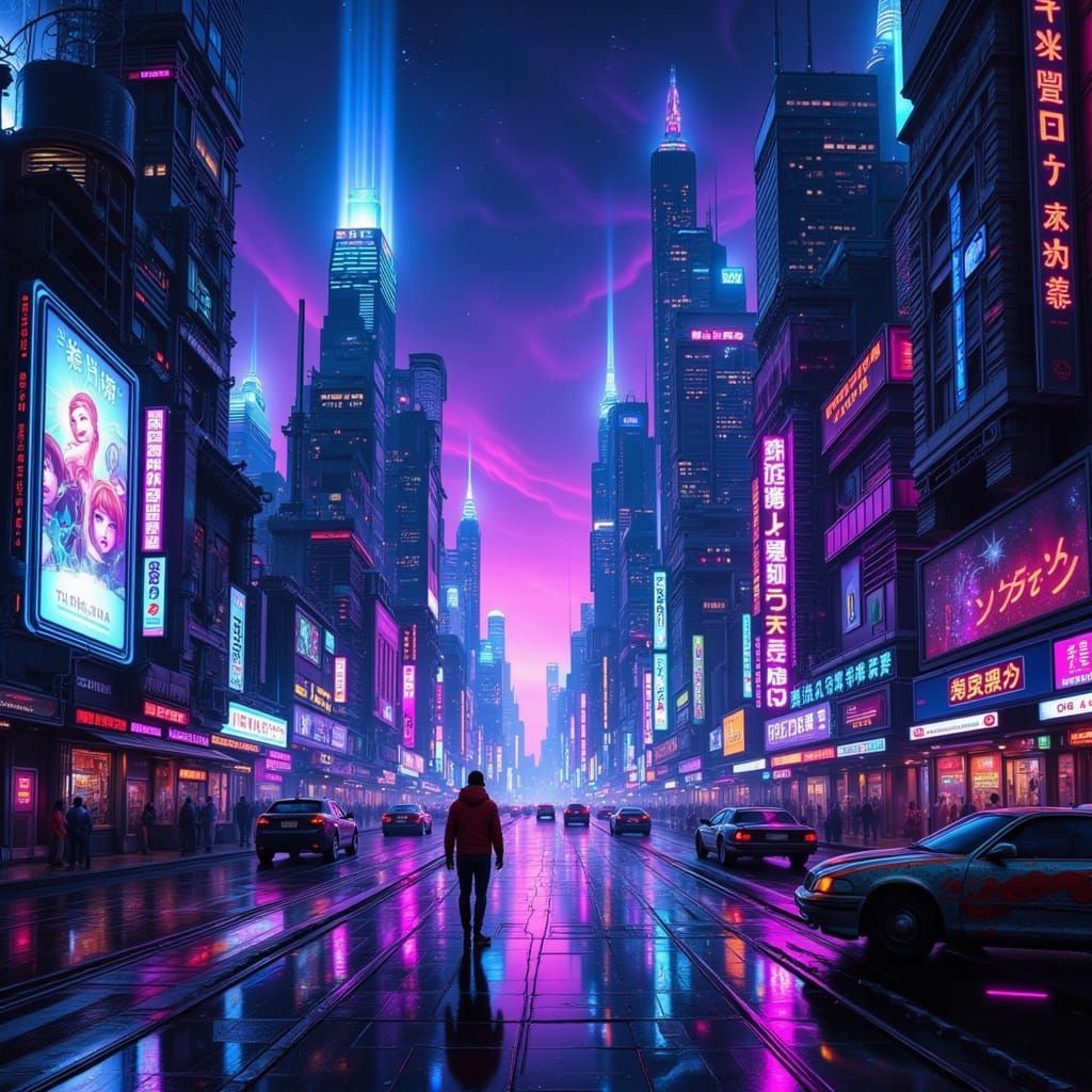 Cyberpunk Fae in a Dark Neon Cityscape