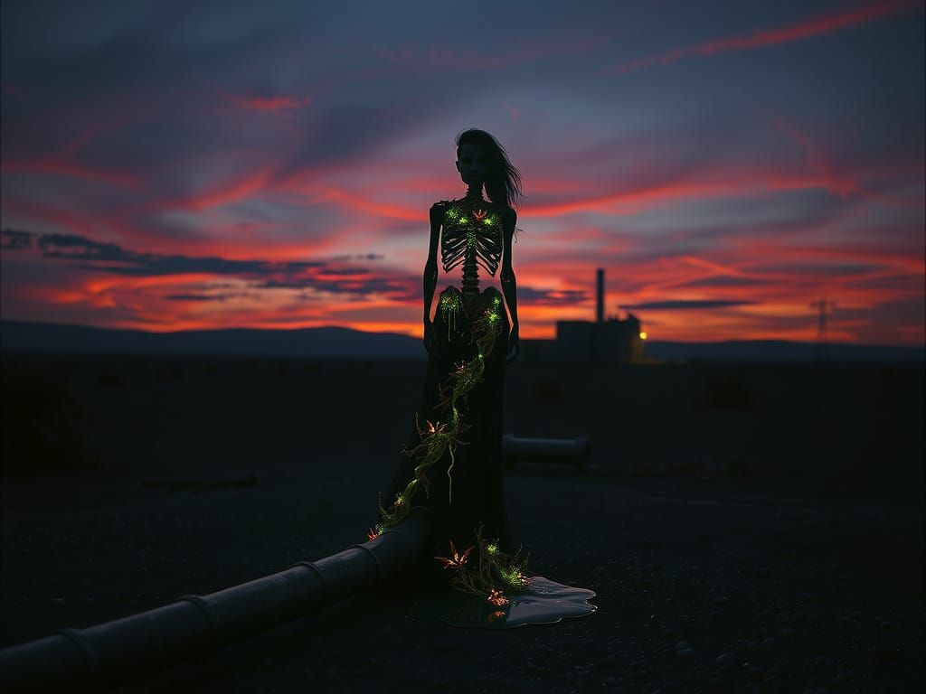 Dilapidated Woman Silhouette Amidst Alien Flora