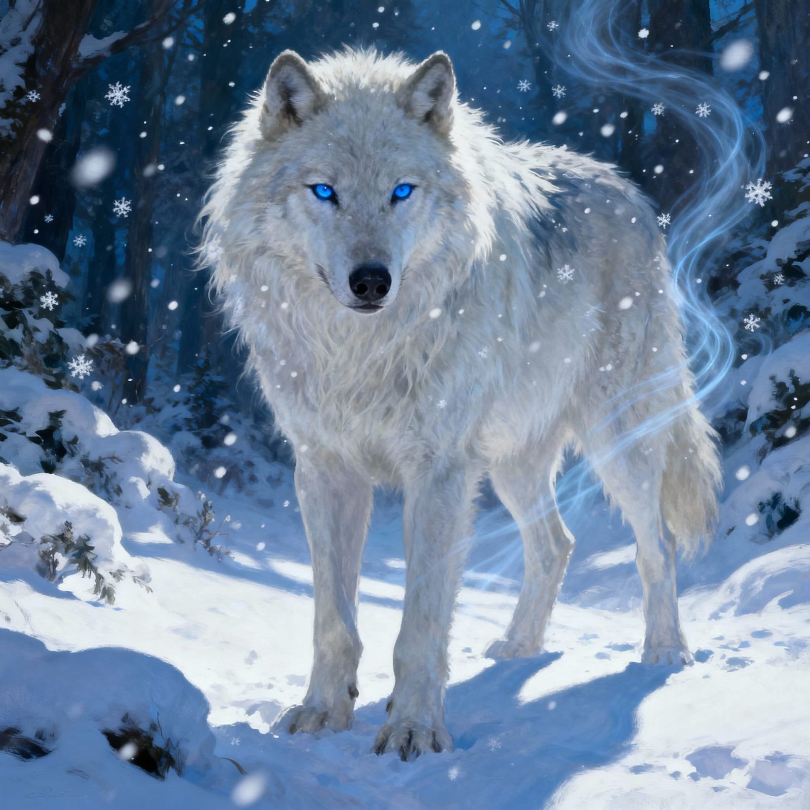 Colossal White Dire Wolf in Snowy Forest at Dawn
