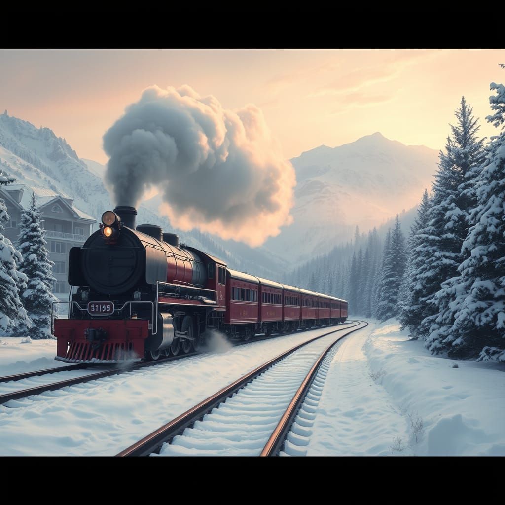 Vintage Steam Train in Snowy Mountain Pass