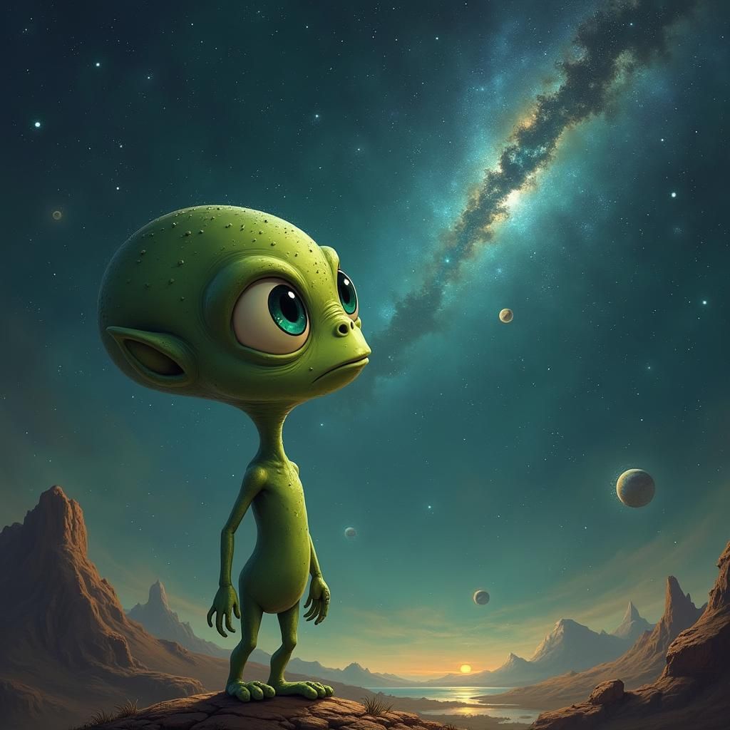 Green Alien Bob Gazes at the Galaxy