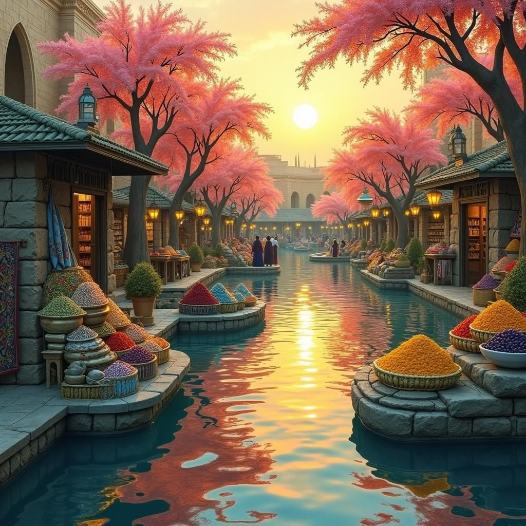 Bustling Middle Eastern Bazaar with Colorful Stalls