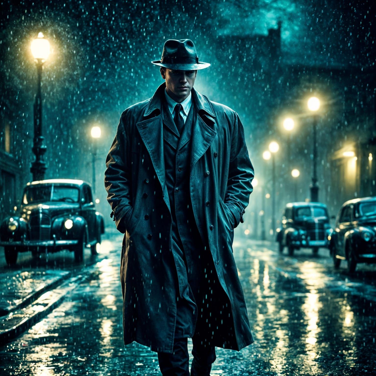 Noir Detective in Rainy City Street