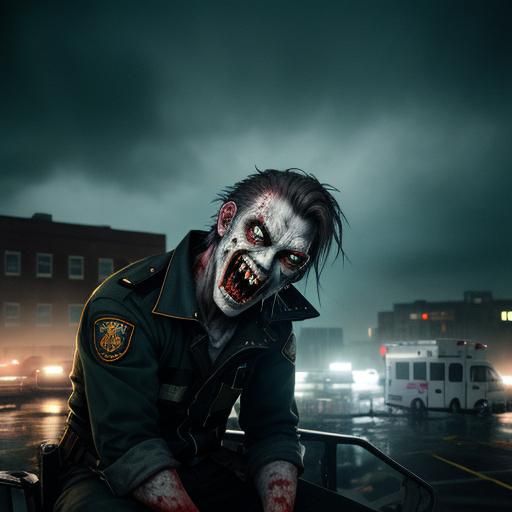 Laughing Zombie on Ambulance: Cinematic Film Still