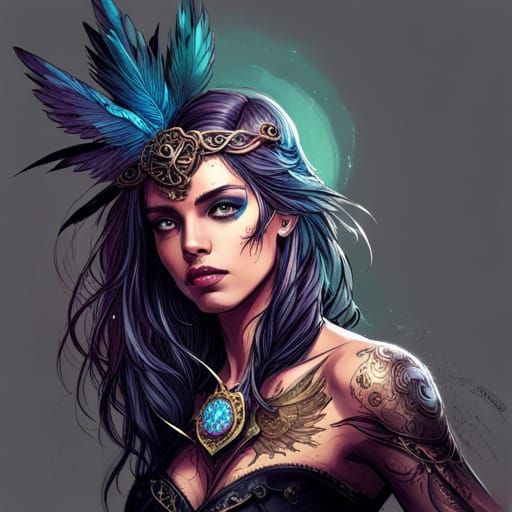 Steampunk Cybernetic Raven Princess Digital Painting