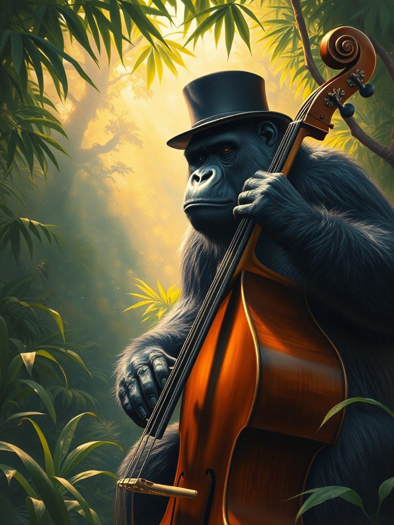 Gorilla Plays Contrabass in Jungle Clearing, Oil Painting St...