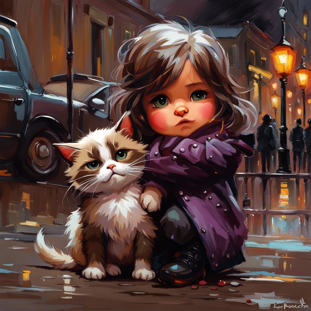 Chibi Girl Hugging Cat in Oil Painting Style