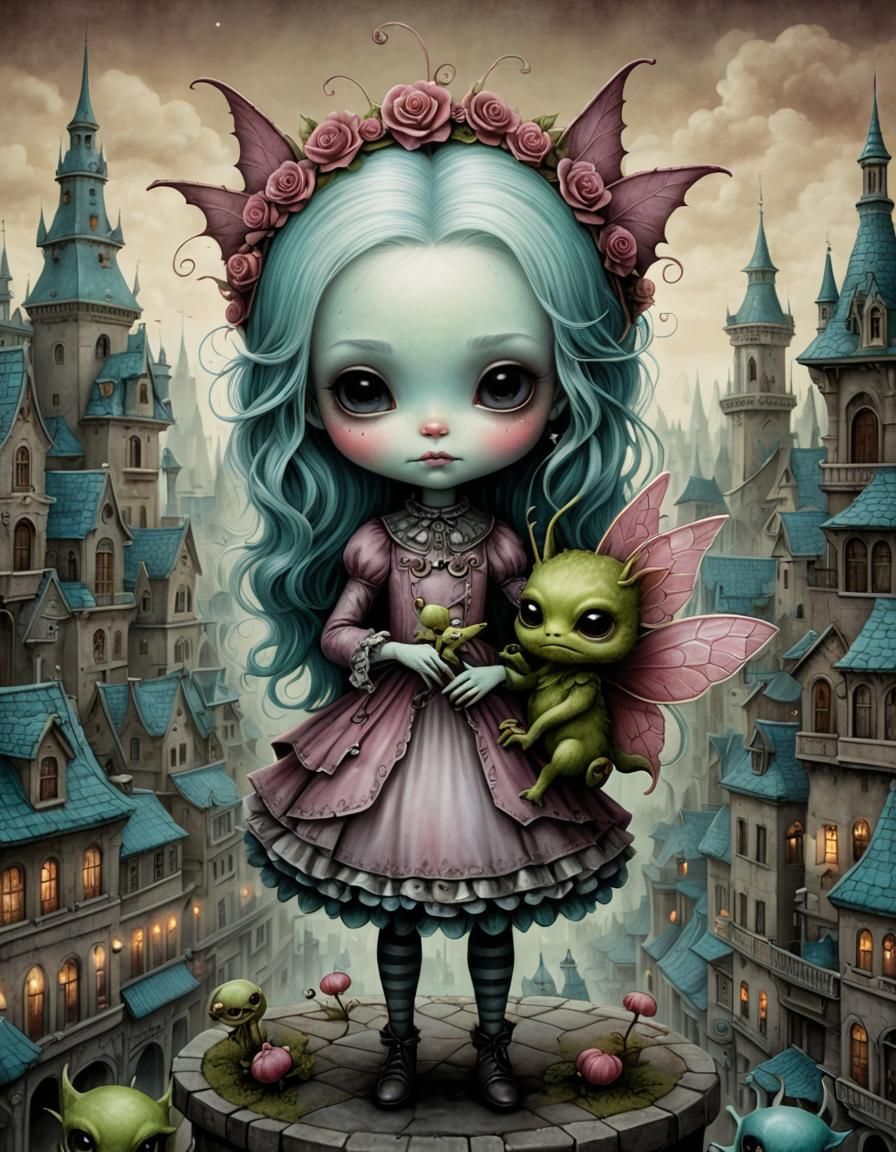 Fairy and Gremlin Embrace in Starry Cityscape