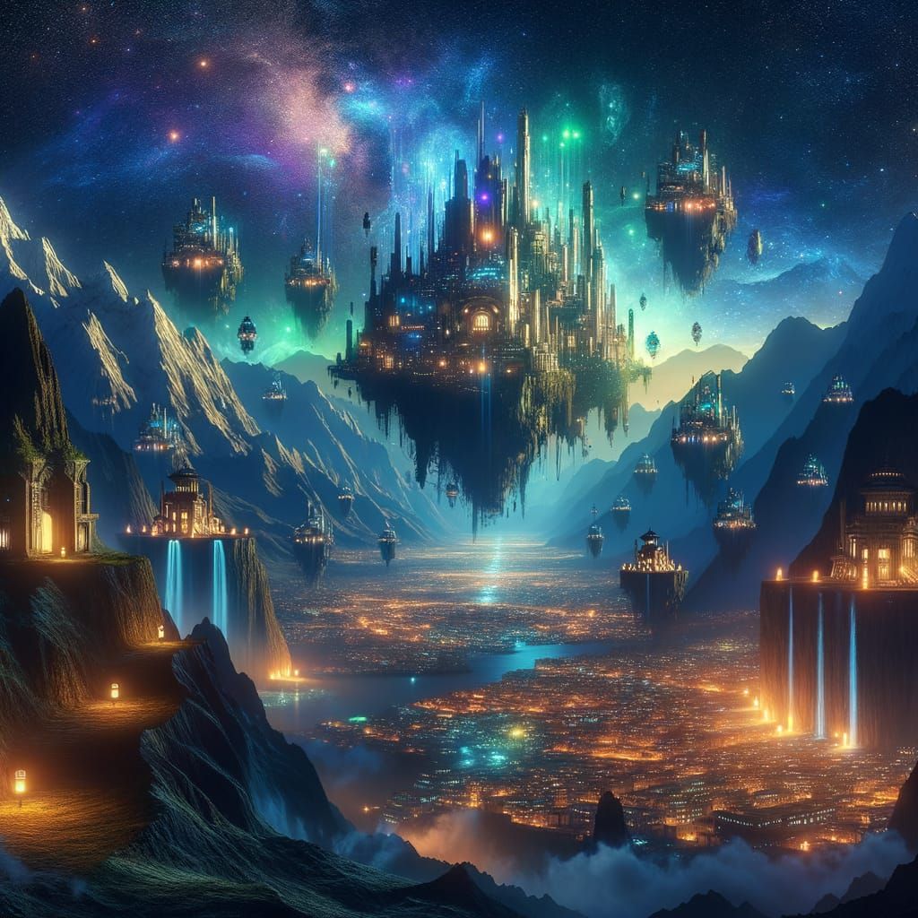 Ancient Floating Cities Over Mountains and Waterfalls