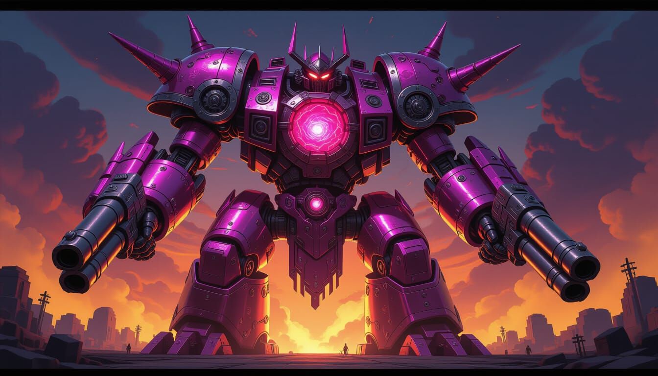 Gigantic Chrome Pink Mecha Monster with Lava Core