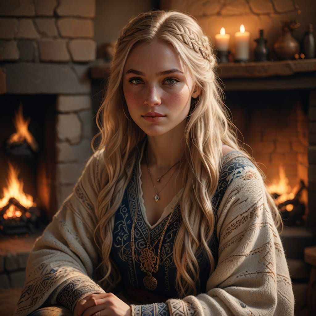 Norse Girl in Cozy Impressionist Scene with Fireplace