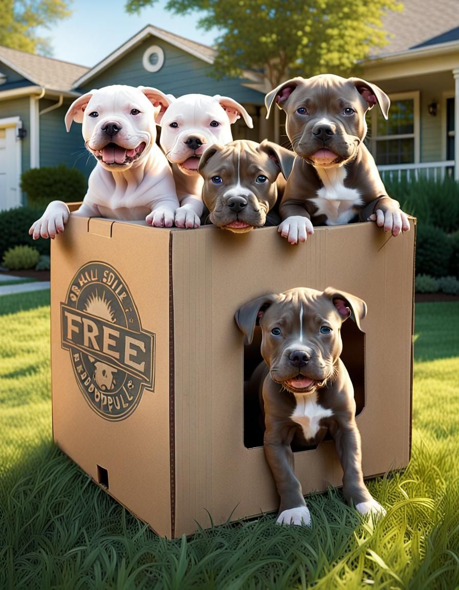 Pit Bull Puppies in Box on Lawn