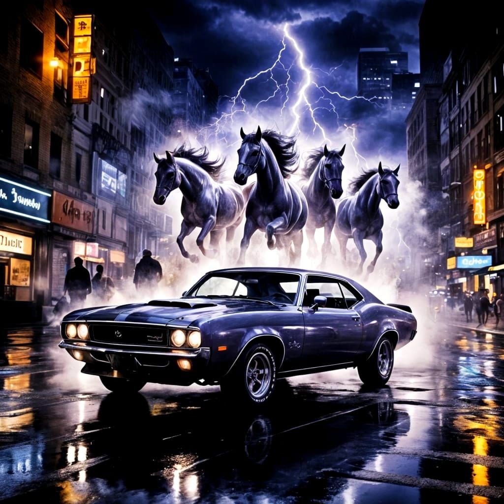 1970s Muscle Car Racing Night City Street