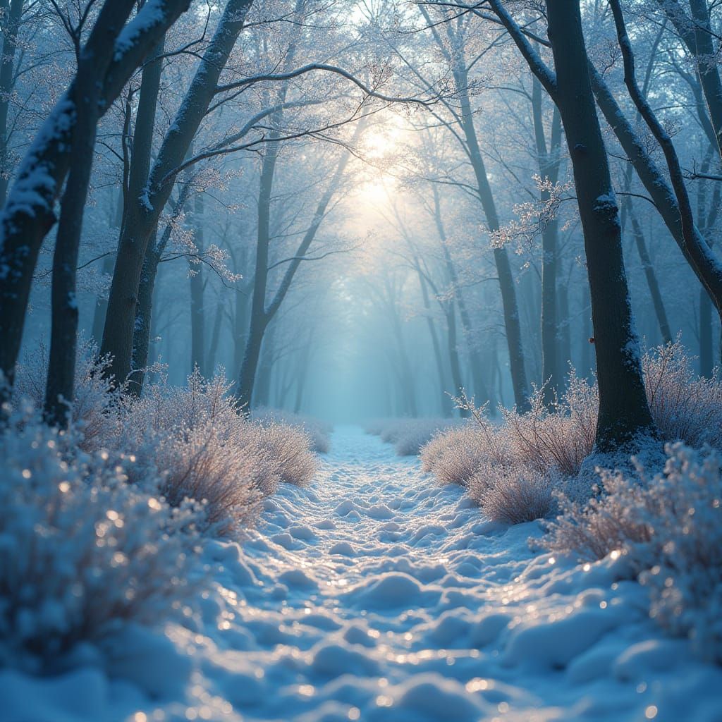 Magical Frozen Forest with Glass Leaves and Sunlight