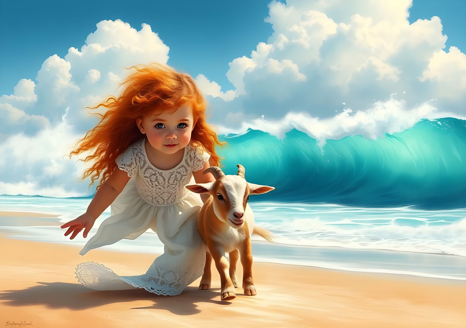 Girl and Goat on Beach, Oil Painting