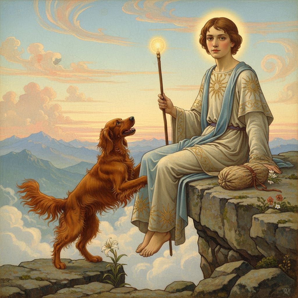 Youth and Dog on Cliff Edge in Pre-Raphaelite Style
