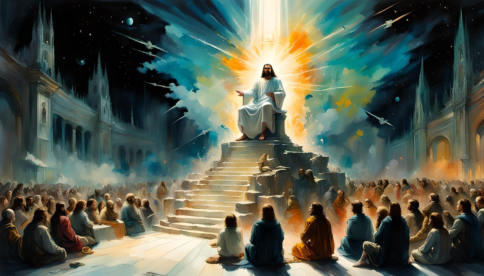 Heavenly Jesus Enthroned in Cosmic Watercolor