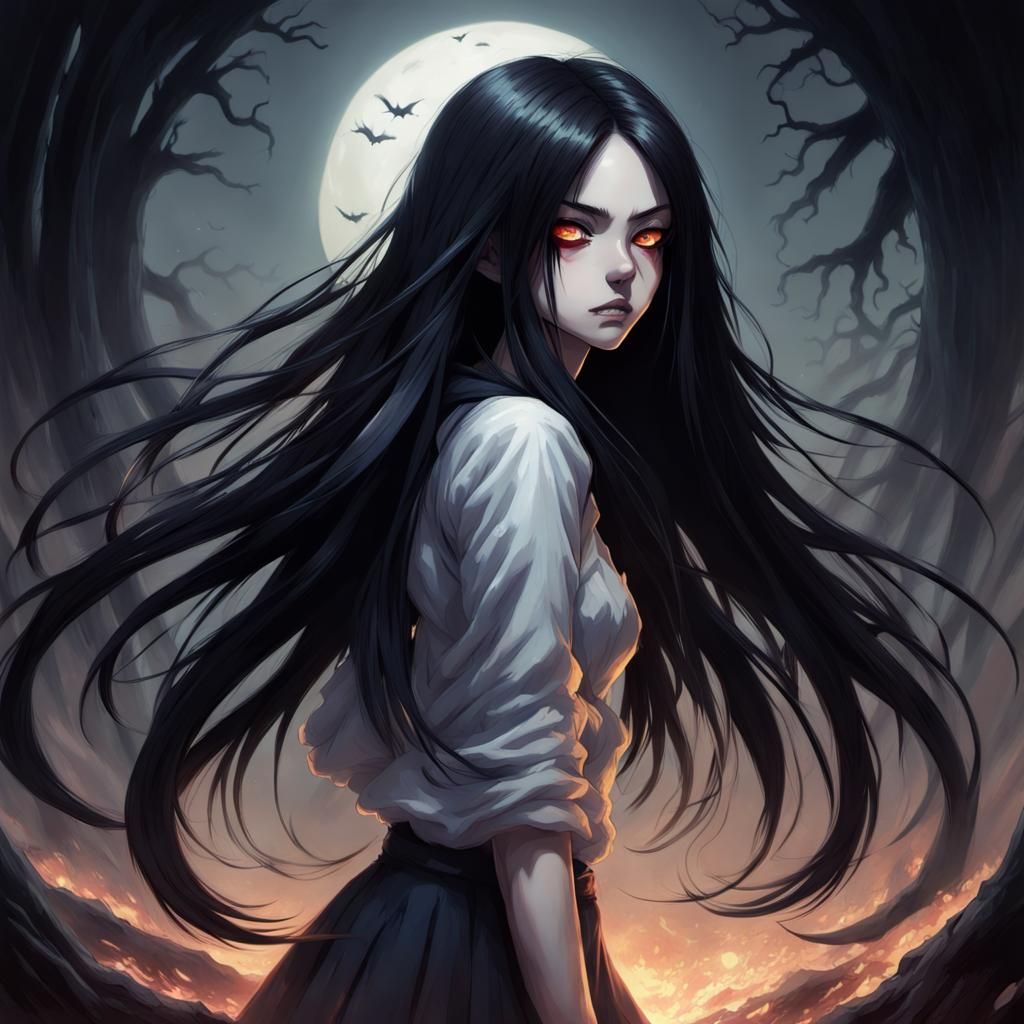 Sinister Anime Schoolgirl with Long Black Hair