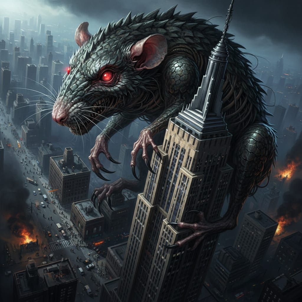 Mutant Rat Climbs Empire State Building in Dark Fantasy Styl...