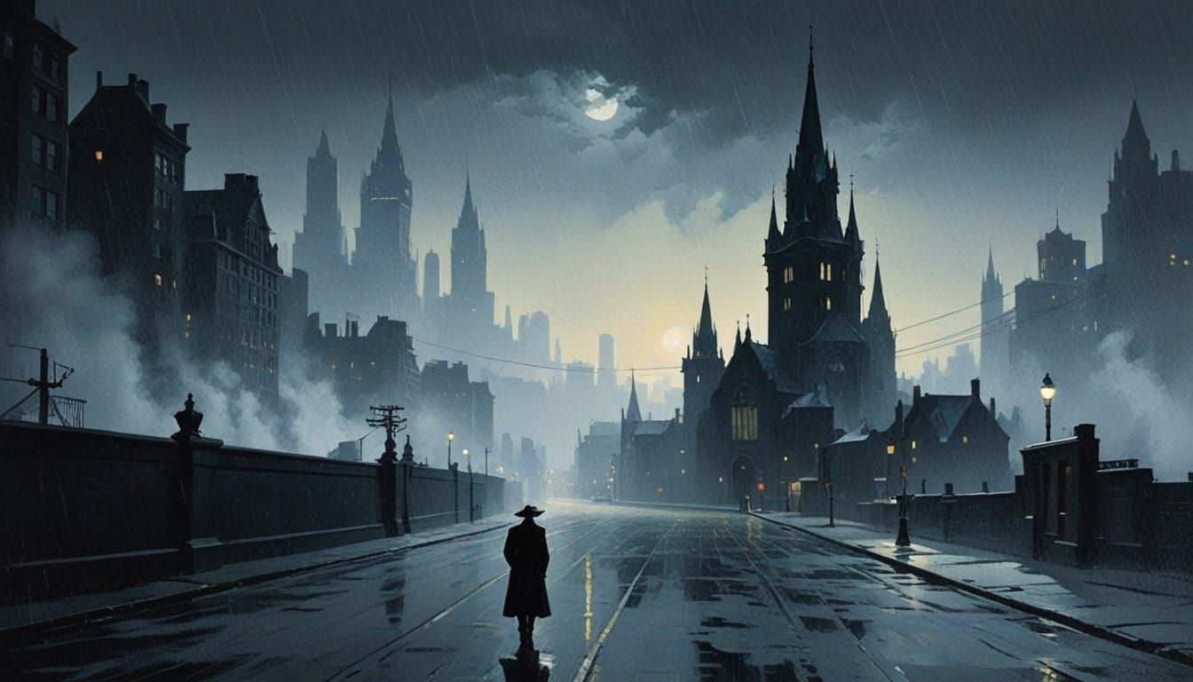 Moody Cityscape in Film Noir Style