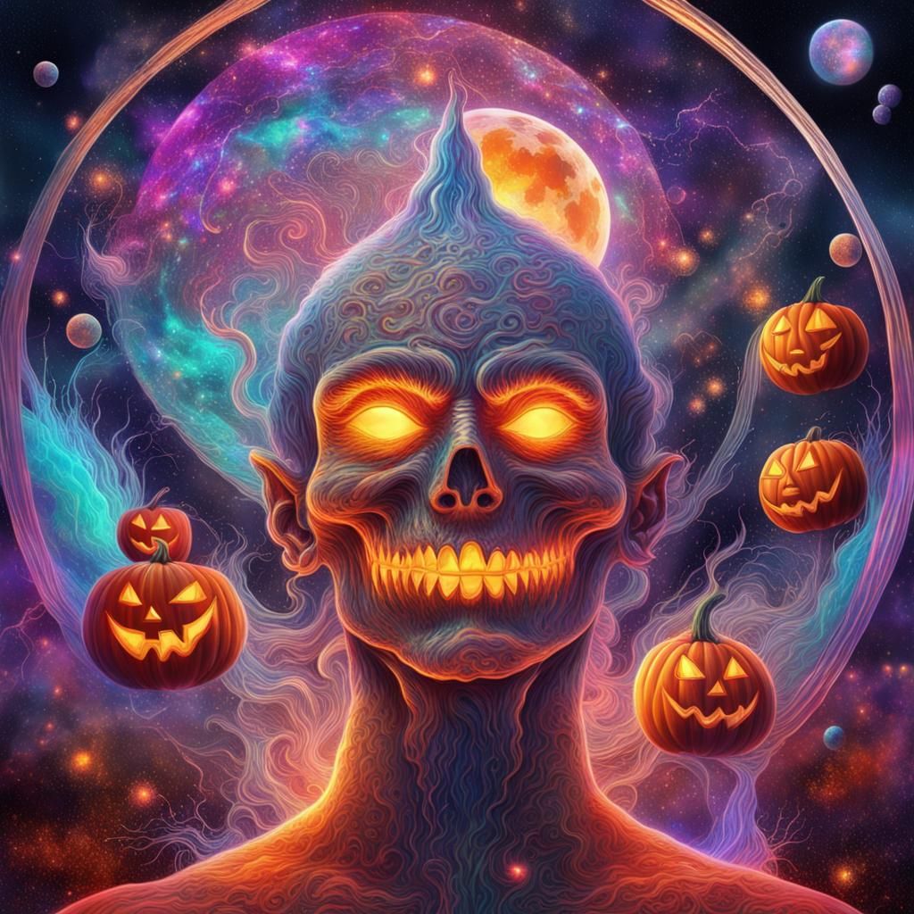 Scary Halloween Astral Cosmic Illustration in Mixed Media