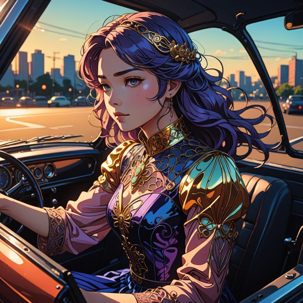 Vibrant Anime Girl in a Vintage Sportscar