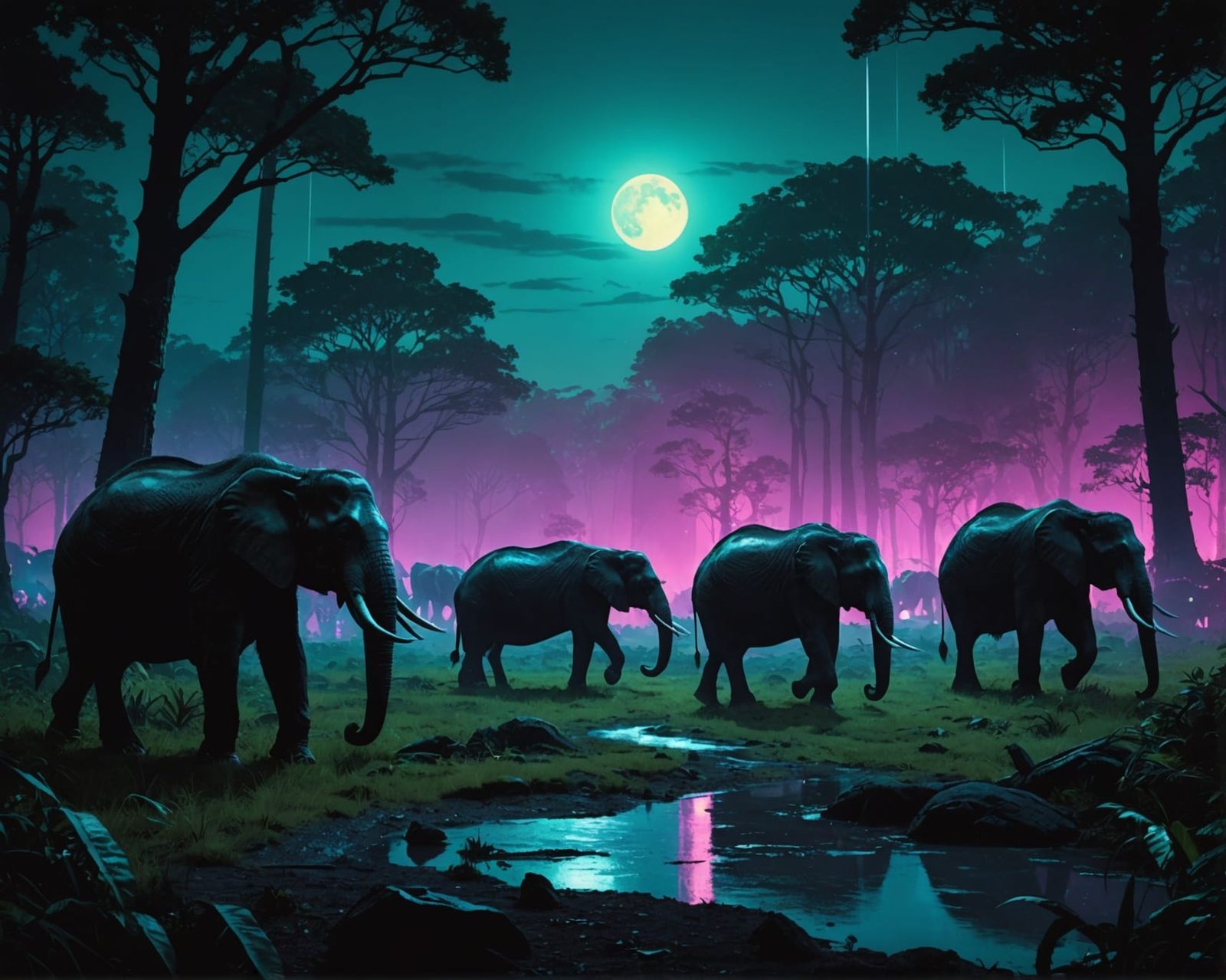 Neon Moonlight Elephants in Cyberpunk Style
