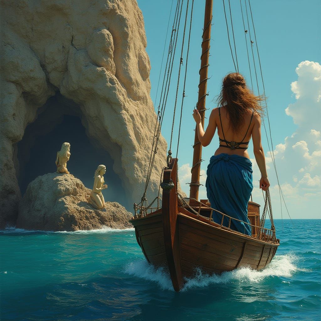 Greek Explorer on Wooden Boat with Mermaids and Rocky Isle