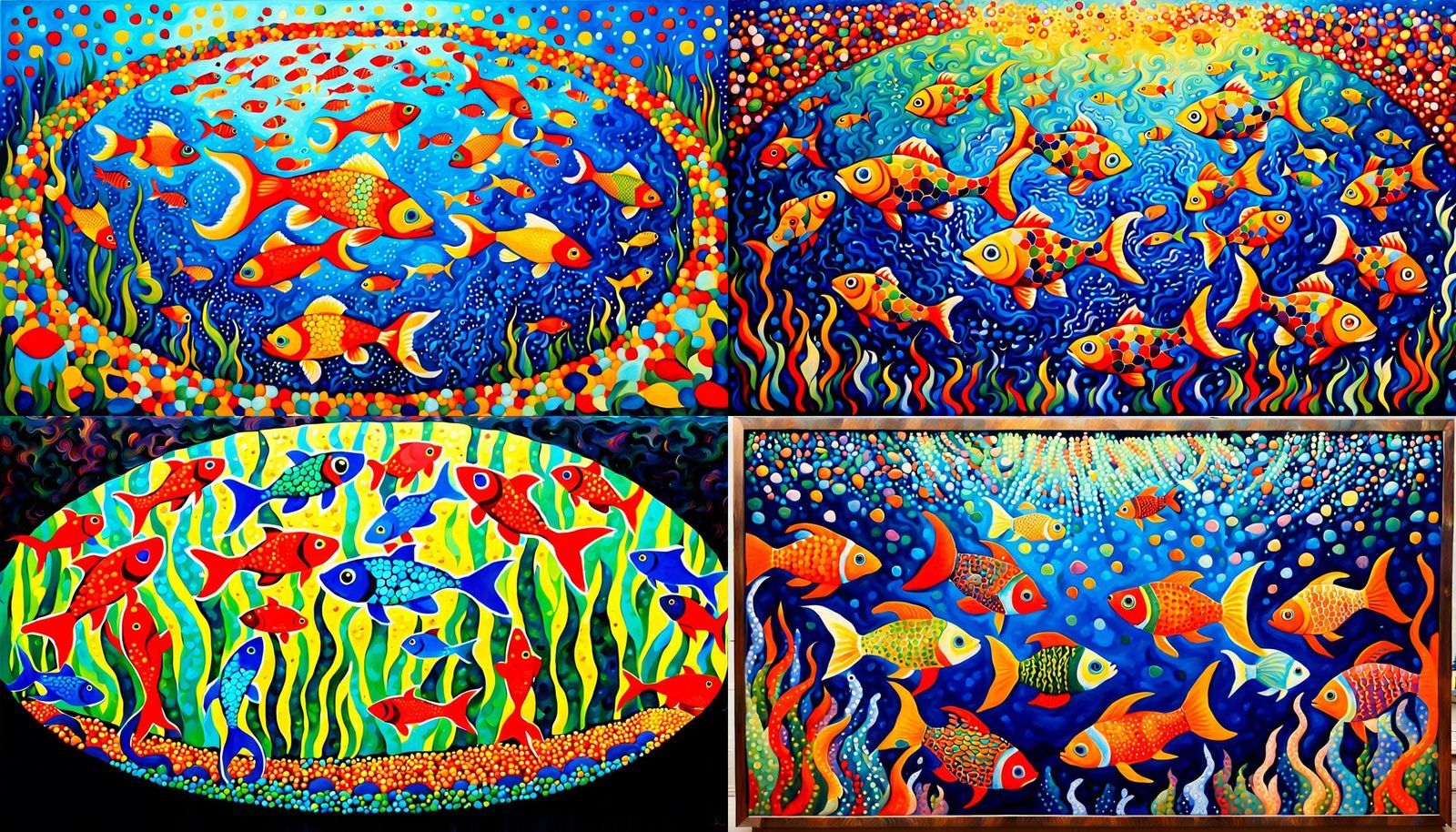 Fish with Legs Dancing: Pointillist Acrylic Painting