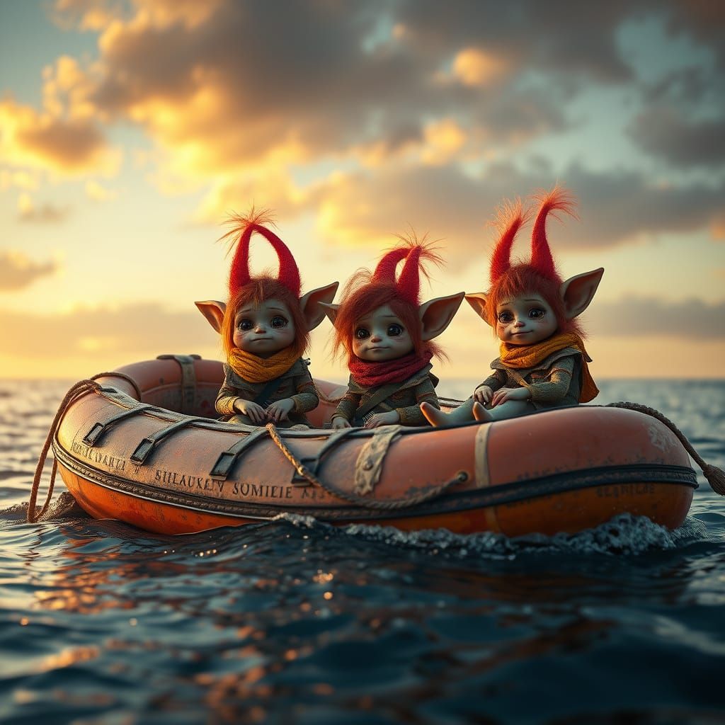 Nisser Goblins in Lifeboat at Sunset: Hyperrealistic