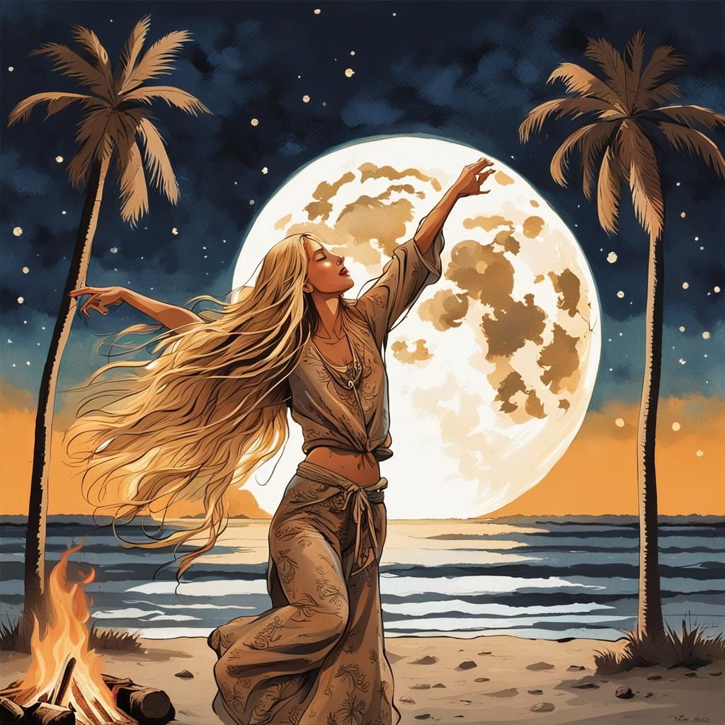 Boho Girl Dancing Under the Moonlit Sky