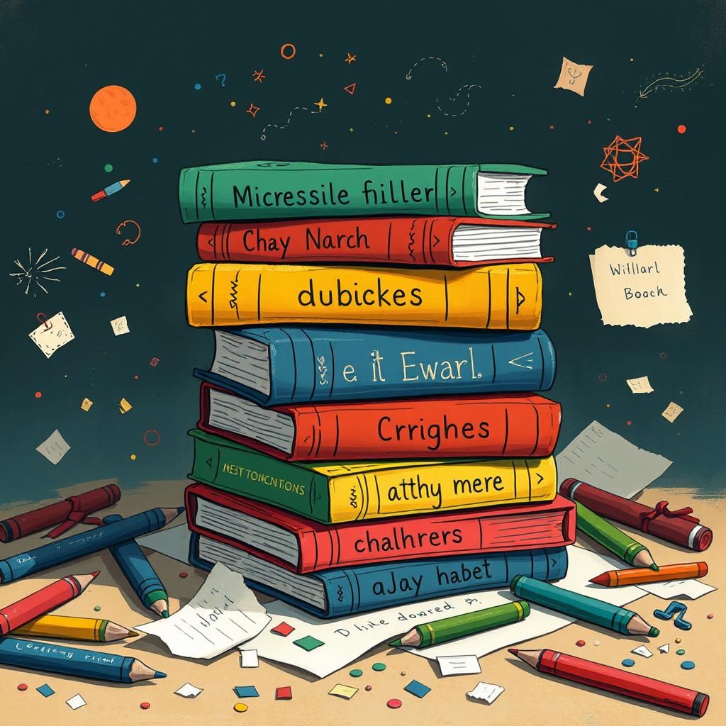 Whimsical Book Stack in Naive Art Style