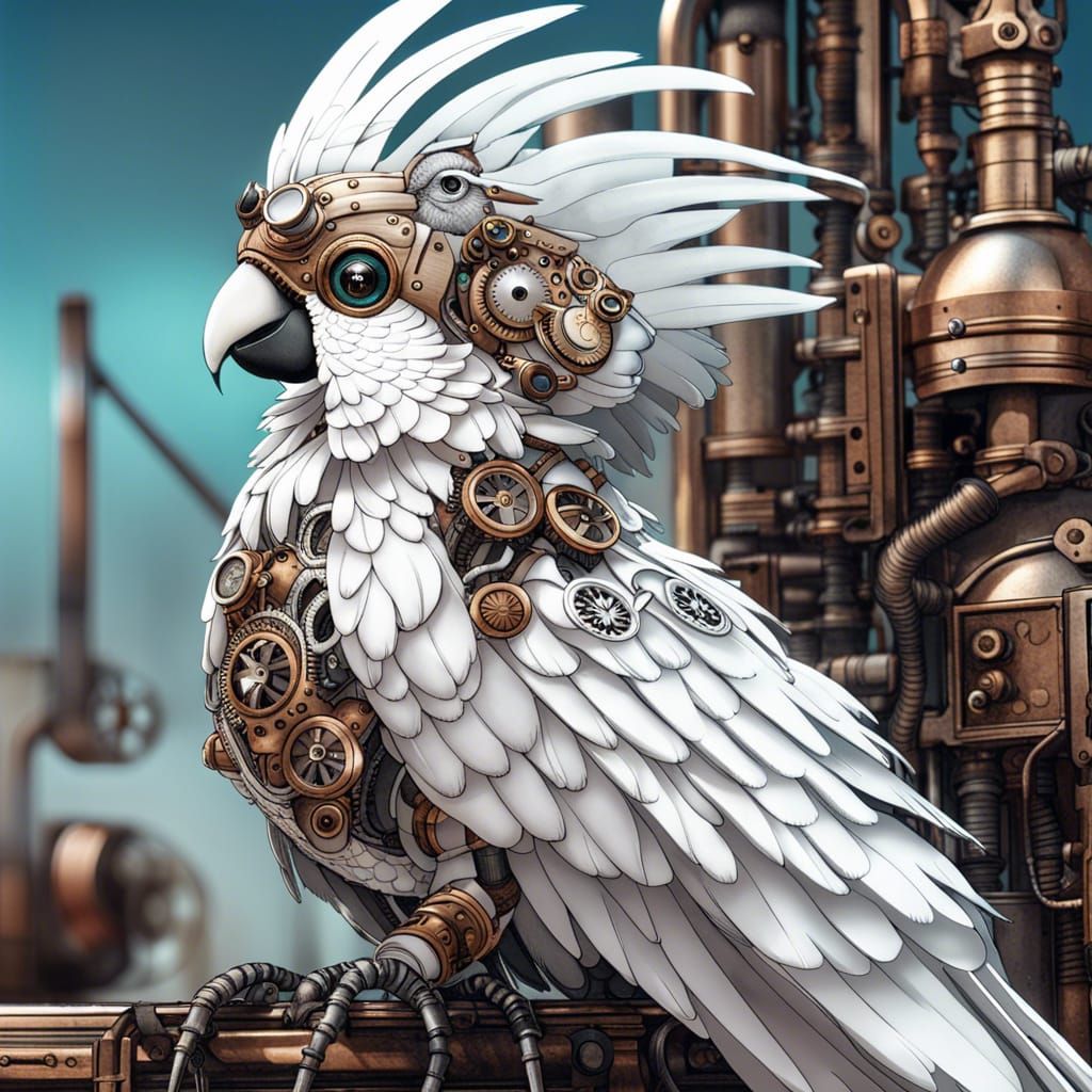 Steampunk Cockatoo: Detailed Ink Drawing of Mechanical Bird