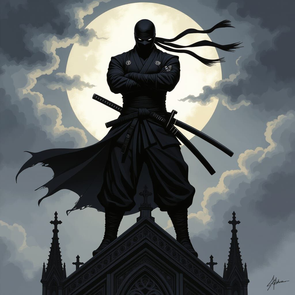Ninja on Gothic Spire in Dramatic Chiaroscuro Light
