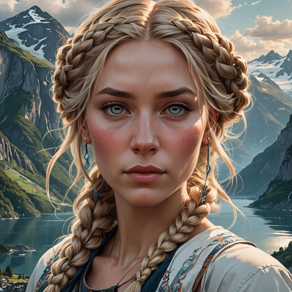 Swedish Girl Portrait with Fjords, Hyperdetailed Art