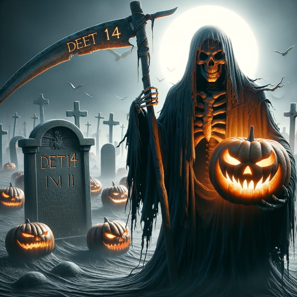 Grim Reaper with Jack-o'-lantern Head in Cemetery