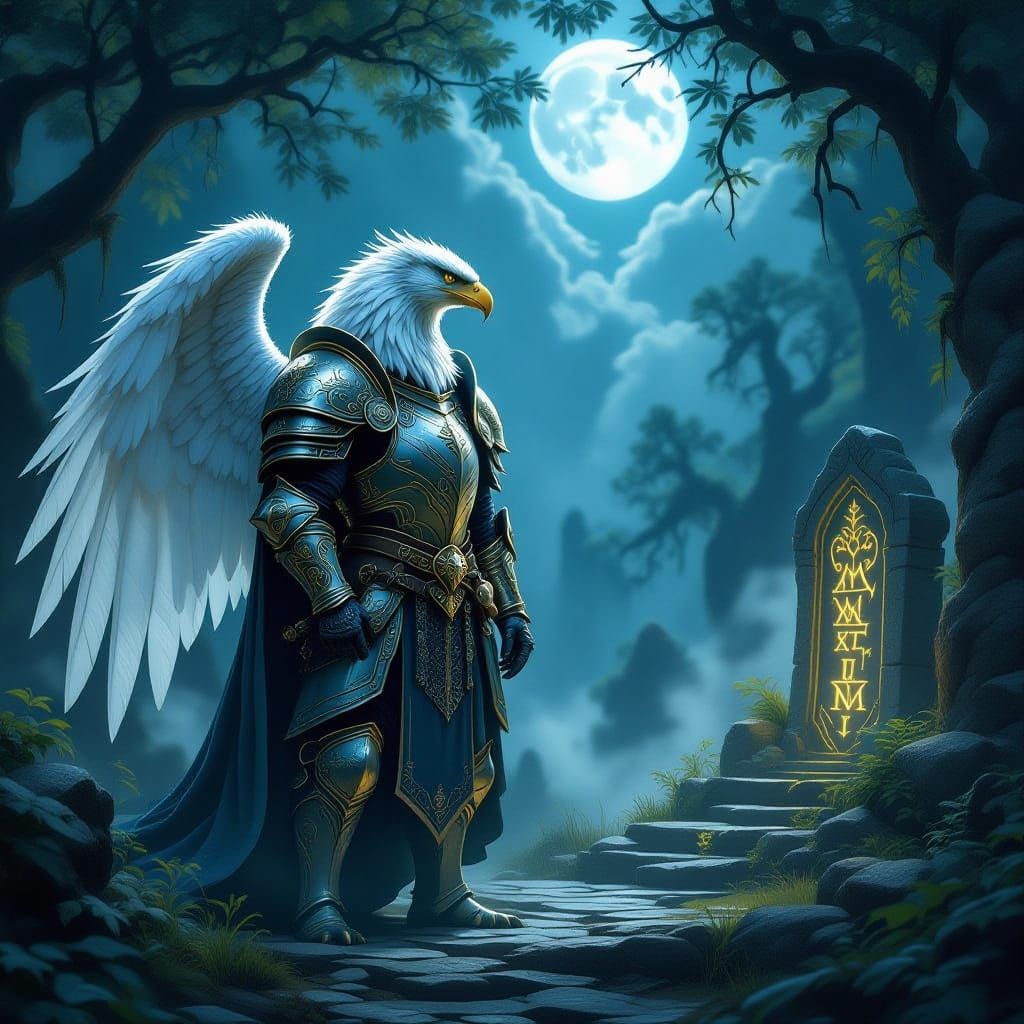 Griffin Knight Guarding Ancient Forest Clearing by Moonlight