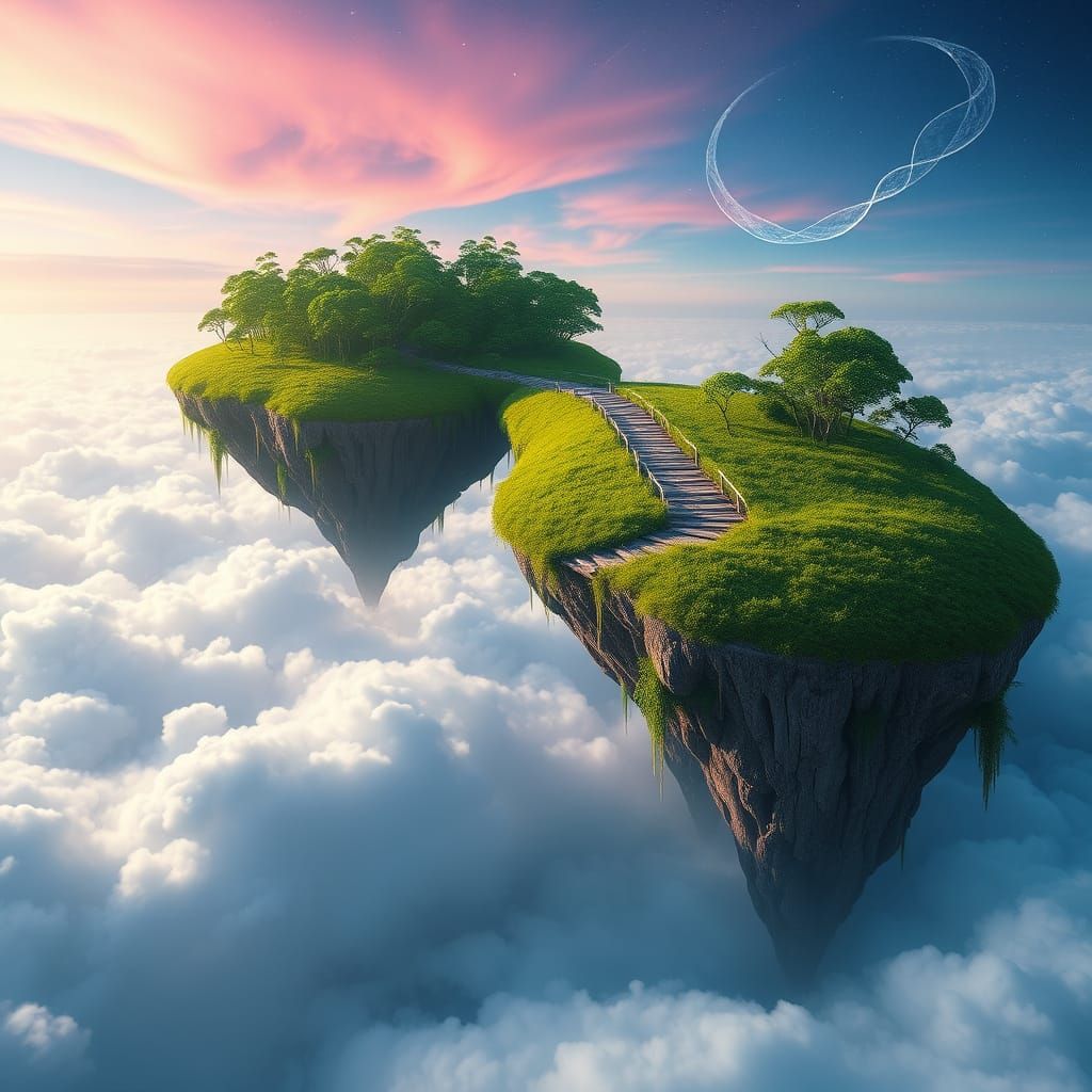 Floating Green Islands Connected by Jewel Bridge