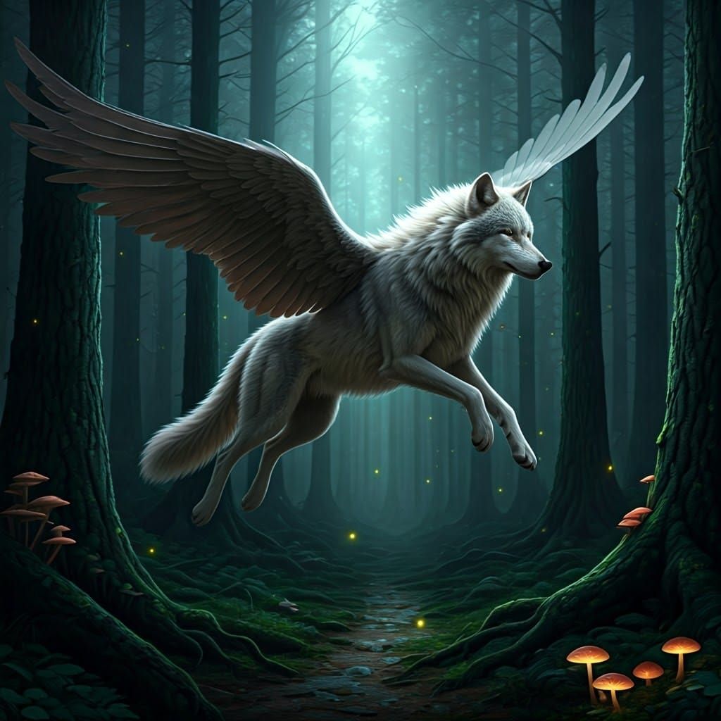 Winged Wolf Soaring Through Mystical Forest