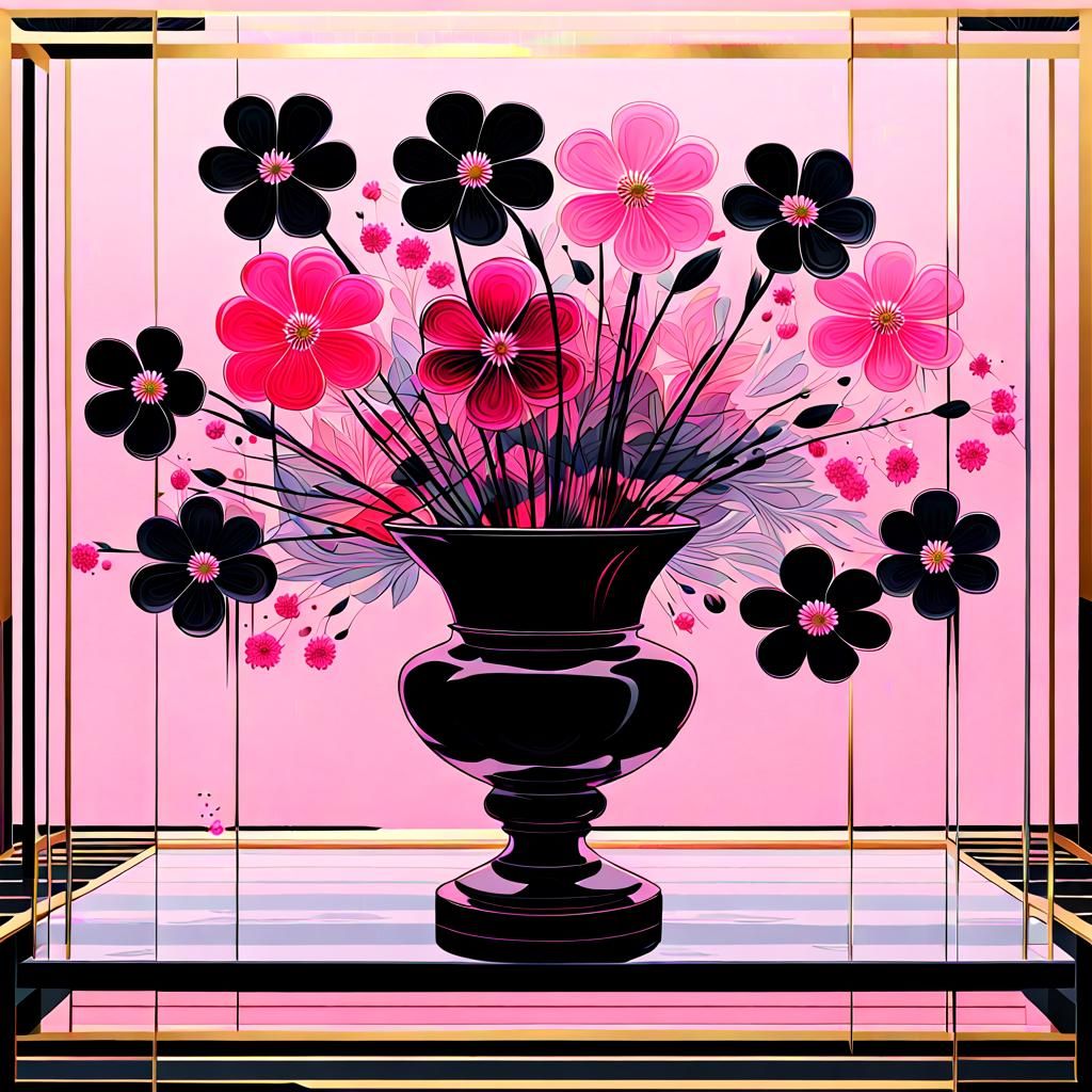Black Sakura in Vase: Geometric Pour Painting