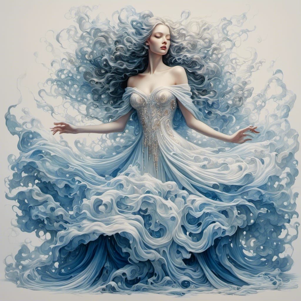 Ocean's Edge: A Ghostly Woman in Watercolor Style