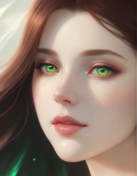 Ethereal beauty with long Auburn hair and natural green eyes with shimmery golden eyeshadow with Black eyeliner and shim...